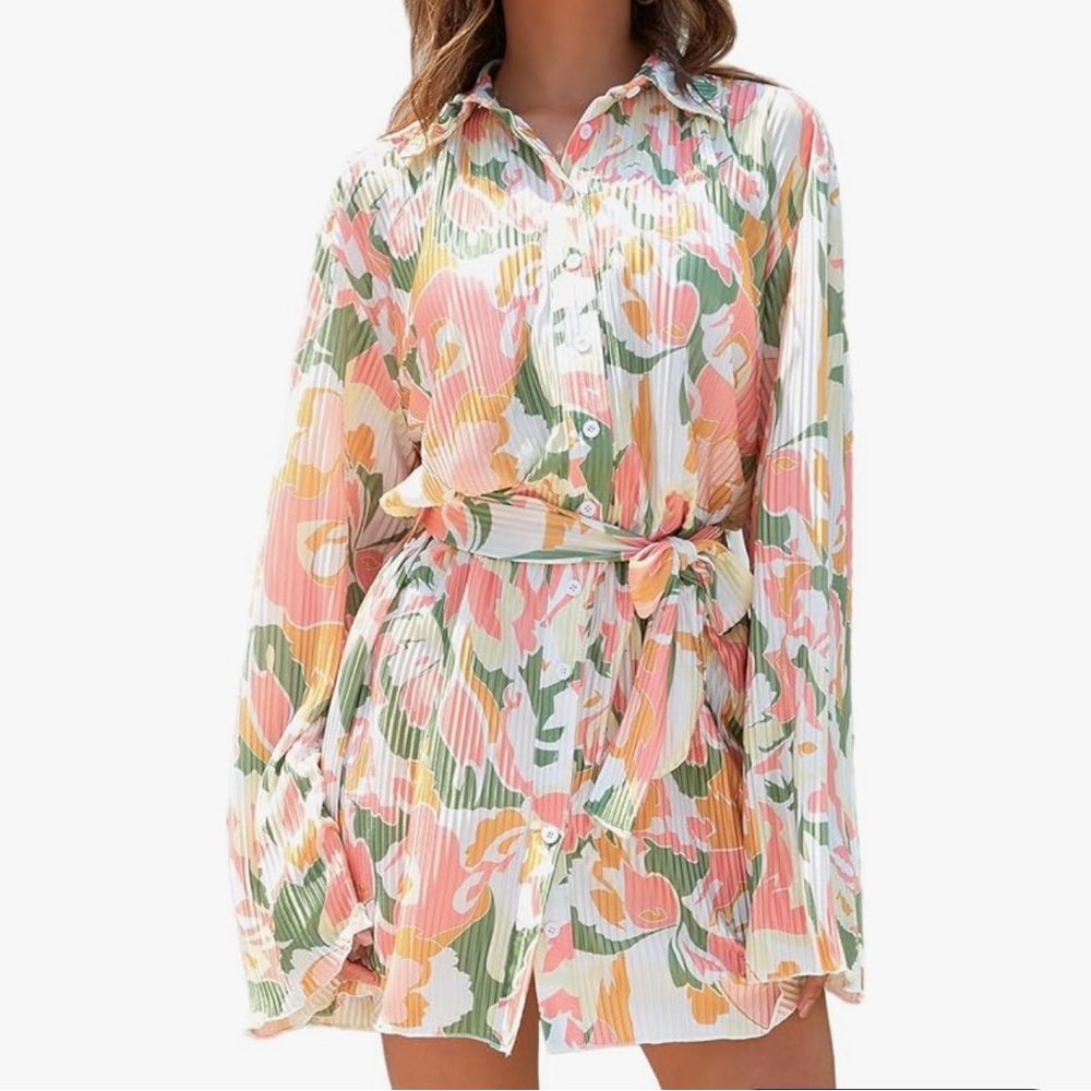 NEW Floral Button Front Shirt Dress Womens Boho Tie Waist Long Sleeve Mini Dress